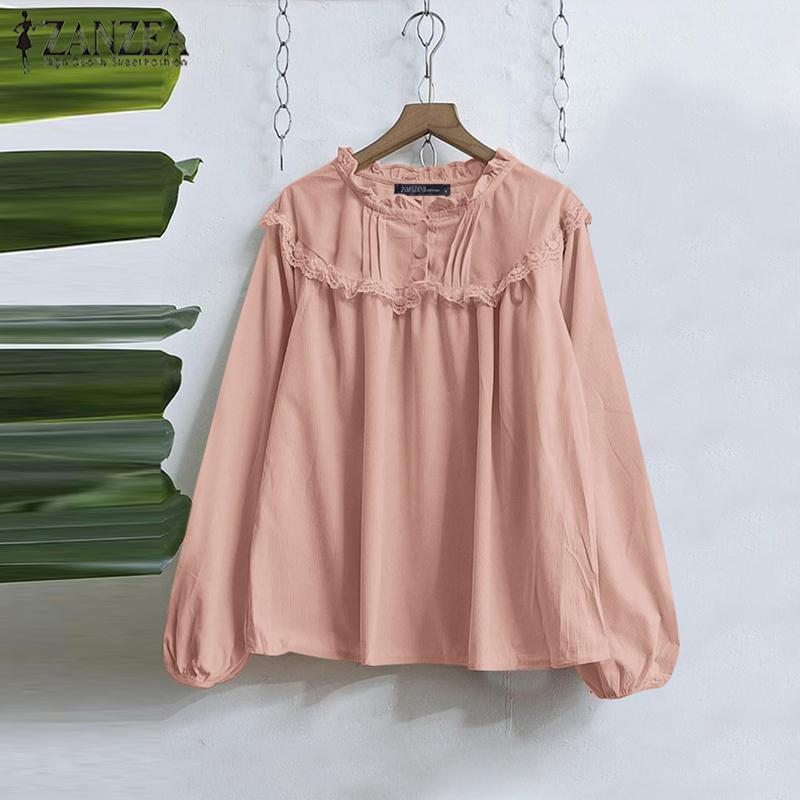 ZANZEA Женские винтажные кружевные блузки с круглым вырезом и длинным рукавом в полоску