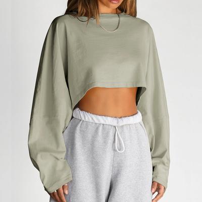 Толстовка с круглым вырезом, женский короткий пуловер, однотонная спортивная базовая рубашка, трикотажная футболка, свободный топ с длинными рукавами большого размера