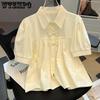 Шикарная французская рубашка с объемными рукавами для женщин, летние однобортные однобортные топы с короткими рукавами и отложным воротником
