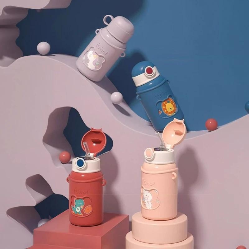 450ml Kids Thermos Mug with Straw 304 Stainless Steel Cup Cartoon Vacuum Flask Children Cute Thermal Water Bottle Household Straw Cup Insulation Cup