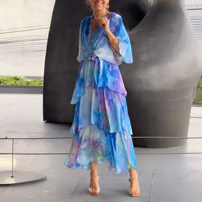 Женское летнее шифоновое платье с принтом, коротким рукавом, V-образным вырезом, струящееся платье макси, свободное многослойное платье с оборками и шнуровкой