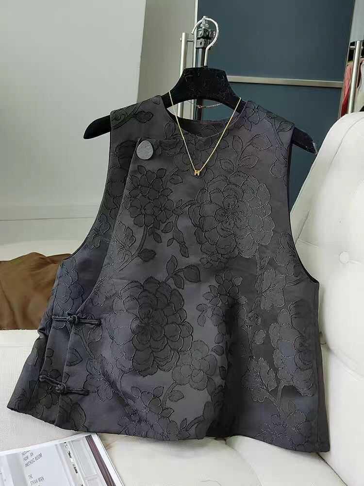 Весенний ретро черный жаккардовый китайский жилет с застежкой-лягушкой для женщин