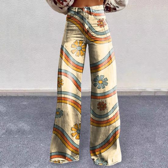 Women Casual Trousers Colorful 3D Floral Printing Flared Leg High Waist Plus Size Jeans Button Zipper Closure with Pockets Lojng Pants for Dating