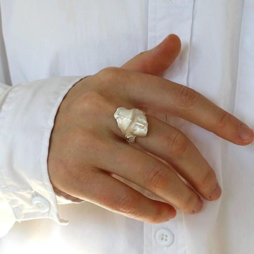 Adjustable Open Rings Metal Silver Color Goth Style Ring Fashion Mystical Masked Face Ring Party