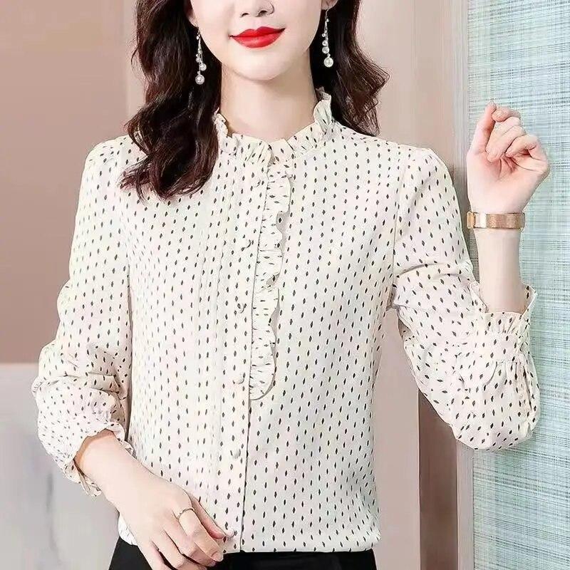 M-4XL Simulated Silk Shirt Women's Spring Autumn New Long Sleeved Top French Ruffled Stand Collar Printed Bottoming Shirt
