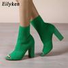 Spring Autumn Fashion Peep Toe Knitted Stretch Fabric Socks Boots Women Square High Heels Dance Shoes Zapatos De Mujer