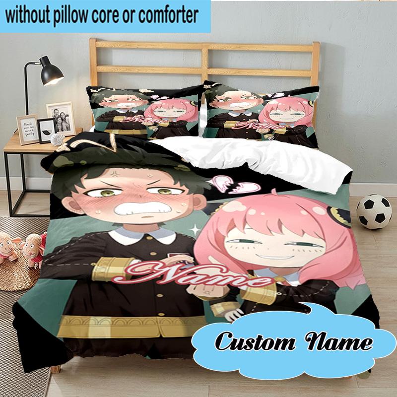 Custom Name 3PCS Anya Sweet Fan family Bedding Set, Including 1pc Duvet Cover And 2pcs Pillowcases, Suitable for dorms and bedrooms Gift