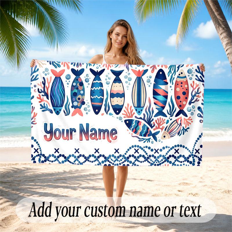 Fish Ocean Theme Beach Towel Personalized Custom Name & Text Soft Quick Dry Beach Towel for Swimming Travel