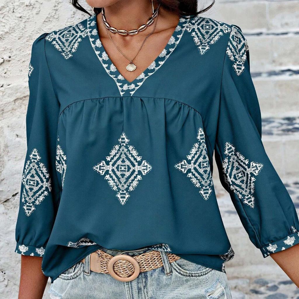 Женский модный повседневный топ с v-образным вырезом и семью рукавами с принтом