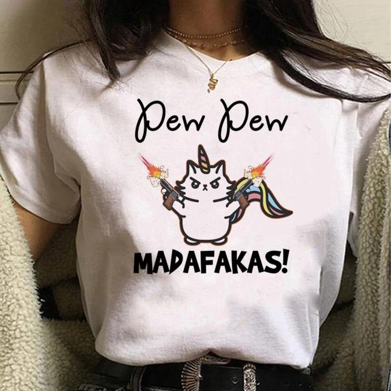 Pew Pew Madafakas T Shirt Women Kawaii Summer Tops Cartoon Tshirt Funny Black Cat Graphic Tees Unisex Harajuku Streetwear Female