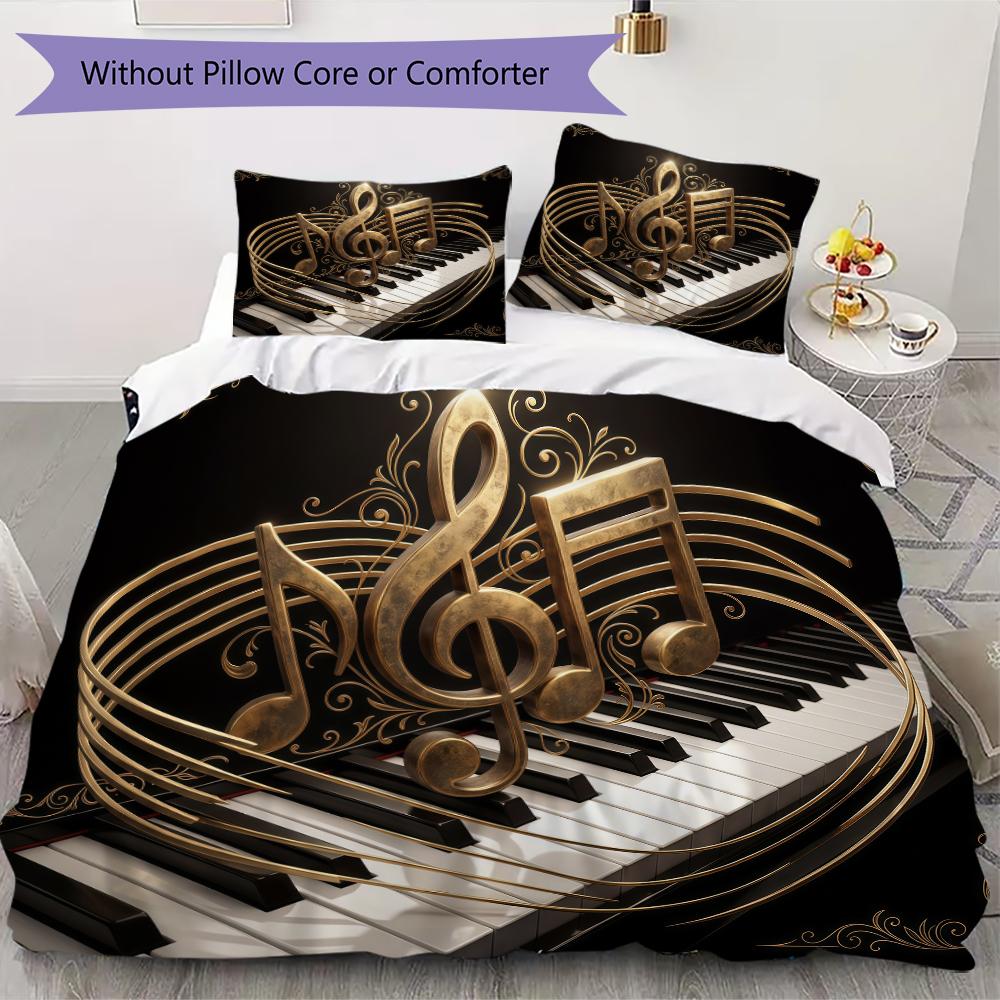 Classic Black Treble Clef Pattern Bedding uilt Set uilt Cover Pillowcase Home Decoration Birthday Gift (1 * duvet cover + 2 * pillowcase without core)