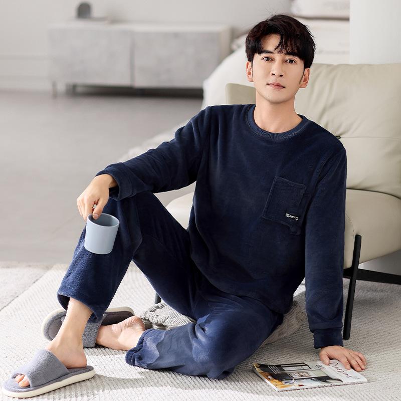 Пижама мужская зимняя коралловый флис утолщенный флис мужская осенне-зимняя фланель для сохранения тепла можно носить на улице зимняя домашняя одежда