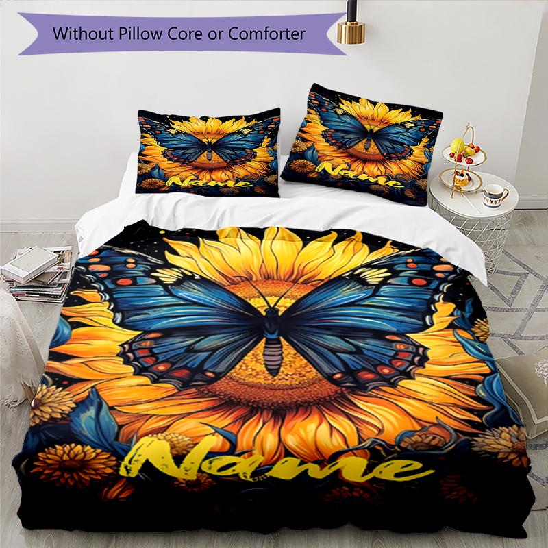 3pcs Custom Name Butterfly Bedding Set Duvet Cover Closure Includes 1 Duvet Cover & 2 Pillowcases, Soft and Comfortable for All Seasons.