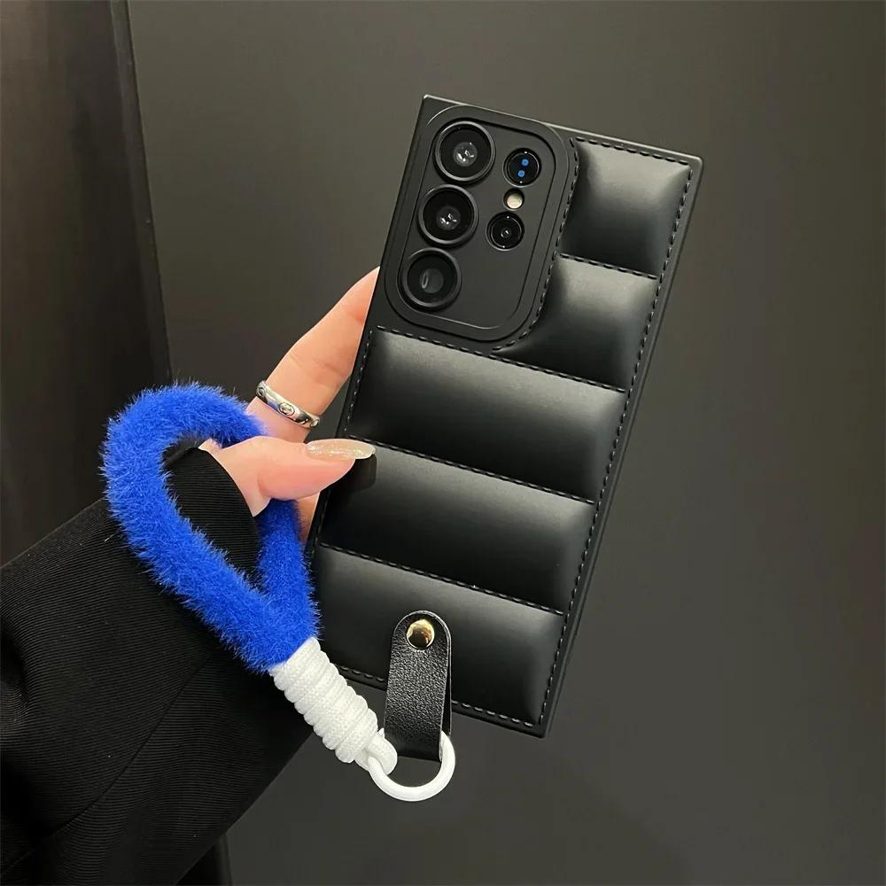 Down Jacket Lanyard Case for Samsung Galaxy S24 S23 S2 S26 Ultra S22 Plus S21 S20 FE A4 A A1 Hand Wrist Strap Cover