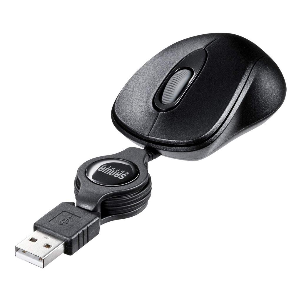 Sanwa Supply Retractable Cable Optical 3 Black Mouse, Ultra-Compact, Buttons, MA-MA6BK