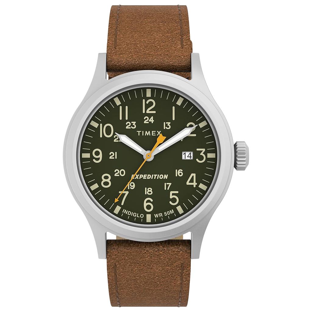 Мужские наручные часы Timex Expedition Scout, корпус 40 мм, серебристый, зеленый циферблат, коричневый кожаный ремешок, размер 40