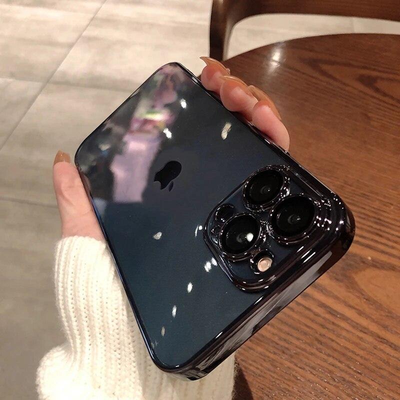 Роскошный квадратный прозрачный чехол для iPhone 14 Plus 13 11 12 Pro Max Mini XR X XS 7 8 SE2 с покрытием, противоударная защитная крышка для объектива
