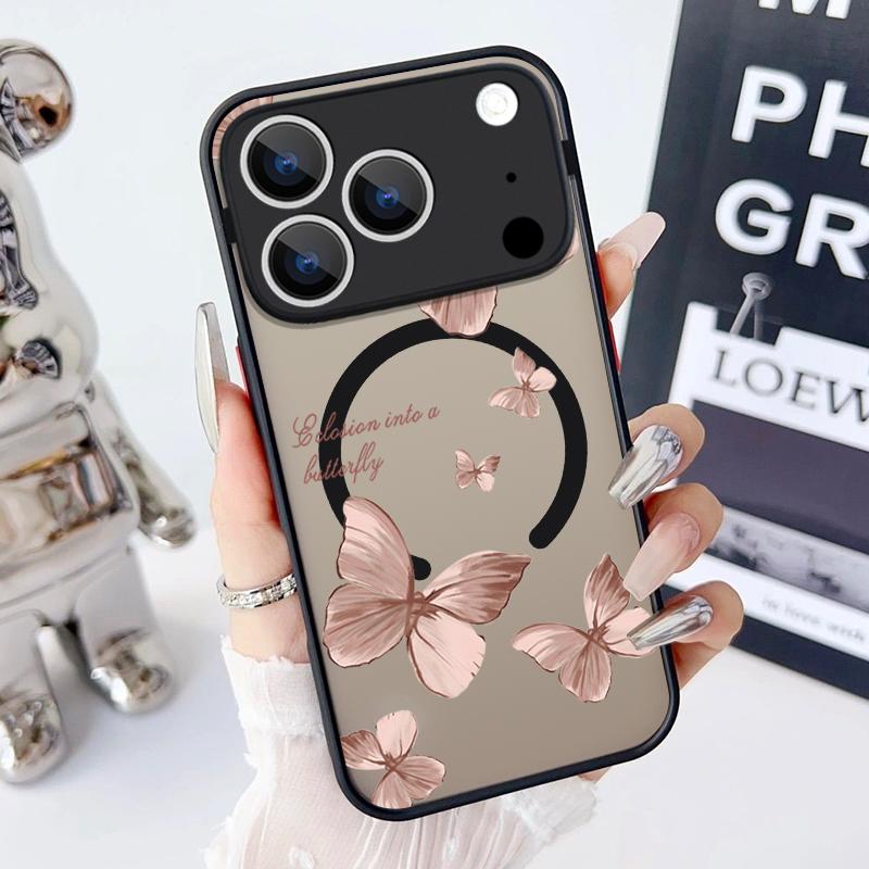 Magnetic Retro Butterfly Pattern Phone Case For iPhone 17 15 16 Pro Max 14 13 Pro 17 For Magsafe Wireless Charge Soft Edge Cover