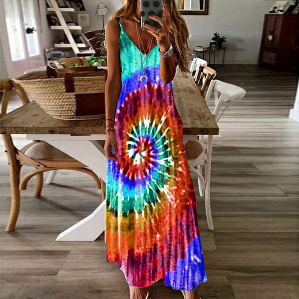 Women's Sleeveless Loose V-Neck Plain Tie-dye Printing Maxi Dresses Long Dress