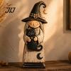 Vintage Style Witch Party Supplies Wooden Figurine, Halloween Statues with Hand Painted Figurine Sets Broom Pumpkin Black Cat, Fall Farmhouse Tabletop
