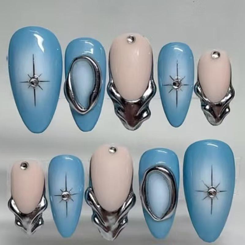 24Pcs 3D Green Ripple Cat Eye French Almond Fake Nails Leaf Pattern Removable Press On Nail Tips