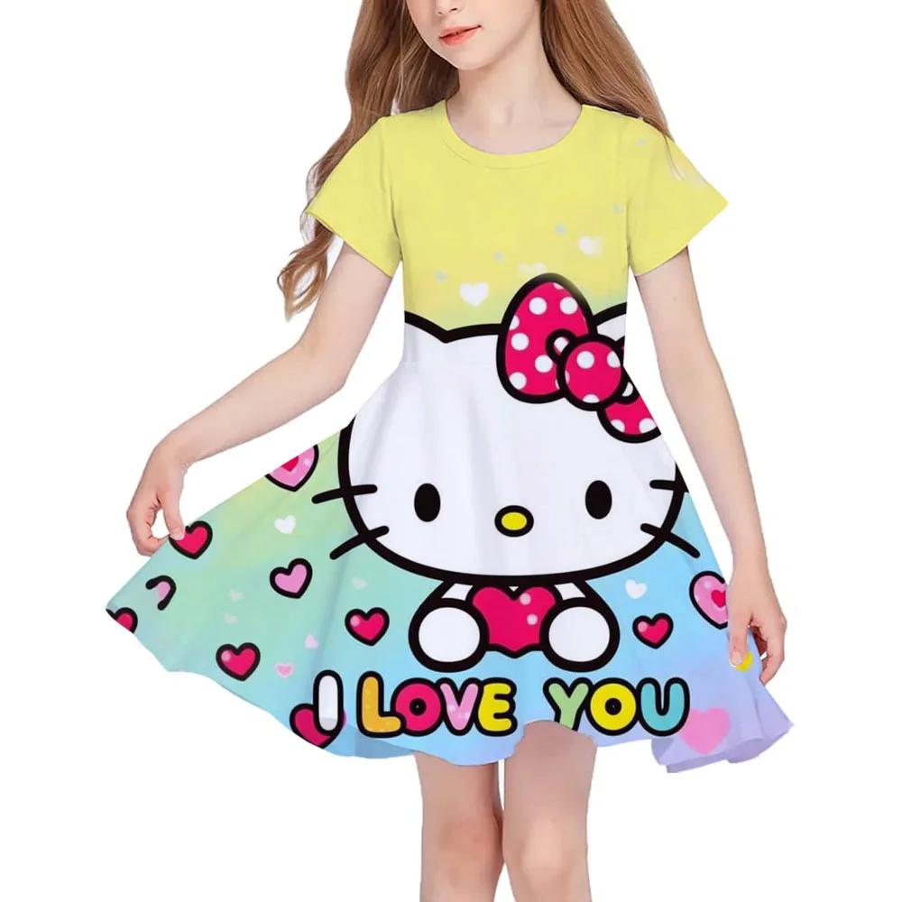 Sanrio Новое летнее платье для девочек Модное мультяшное милое Киннаморолл Хелло Китти Платье с 3D-печатью Детская одежда принцессы с коротким рукавом