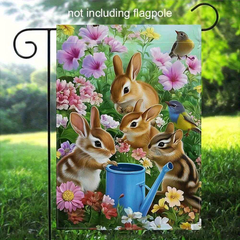 1pc Adorable Rabbit & Flower Garden Flag - Double-Sided Linen Blend, 2D Printed, No Pole Included - Charming Outdoor Decor for Patio, Lawn & Garden, O
