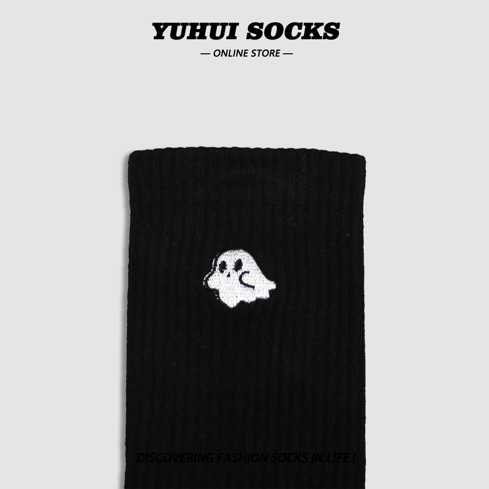 Trendy Cartoon Ghost Embroidered Mid-Tube Socks, Unisex, Pure Cotton