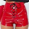Summer Sexy Solid Color Faux Leather Shorts Women High Waist Eyelet Cross Bandage Lace Up Slim Bodycon Shorts Fashion