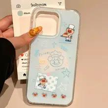 Корейский Ins Синий Повар Старик Мультяшный Милый Чехол для Телефона для iPhone 17 16e 16 15 14 13 12 11 Pro Max X Xs Air Plus Текстура Перышка