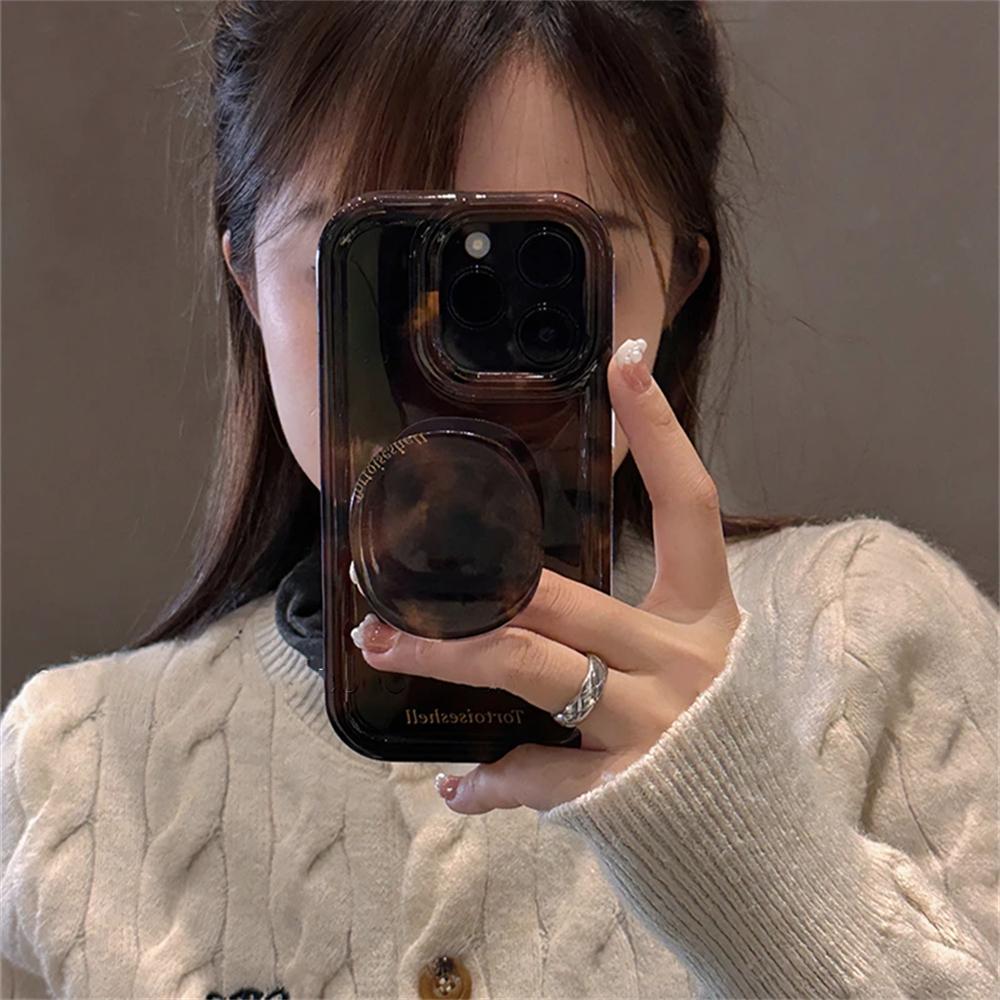 Роскошный чехол-держатель из янтарной черепаховой расцветки для iphone 16 Pro 15 14 11 12 13 Pro Max INS Корейская девушка Мягкий чехол Новый Стильный Ракушка