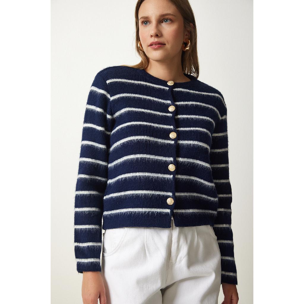 Женский костяной черный стильный трикотажный кардиган в полоску на пуговицах Pf00051