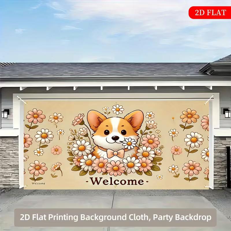 2D Outdoor Welcome Banner with Corgi and Flowers for Home Decor