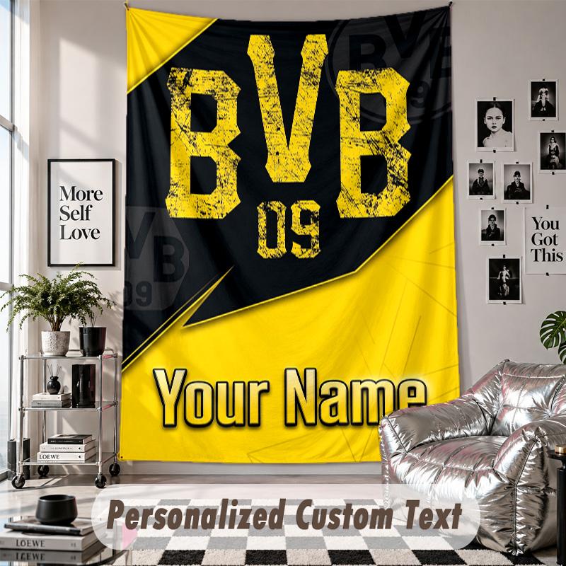 Wall Hanging Tapestry With Custom Name & Text, Borussia Dortmund Decorative Tapestry For Bedroom