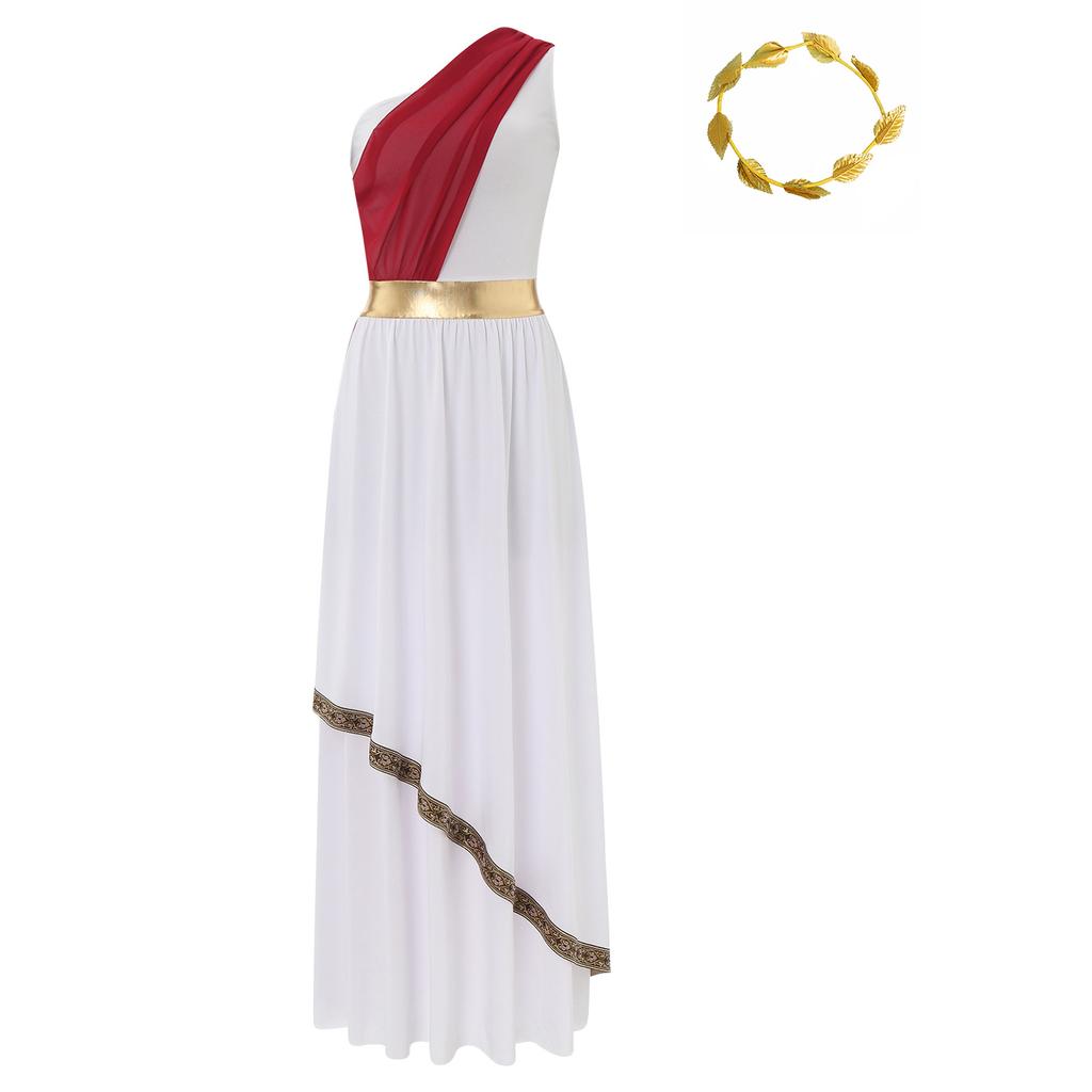 Womens Ancient Greek Dance Dress One Shoulder Chiffon Overlay Vintage Trim Tunic Dress Artificial Leaf Garland Headwear
