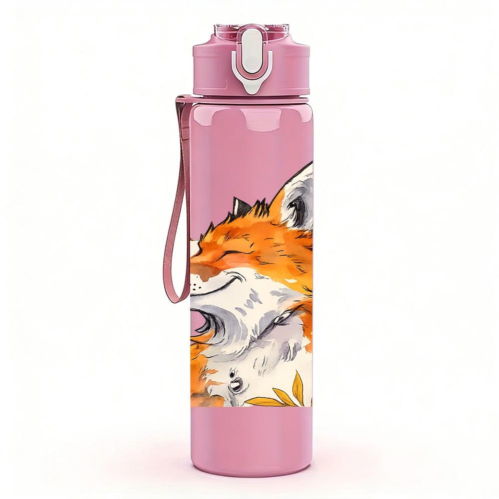1PC Cute Fox Head Portrait Print 750ml Color Plastic Sports Water Bottle Leakproof Flip Straw Lid Suitable for Sports Office Home Use