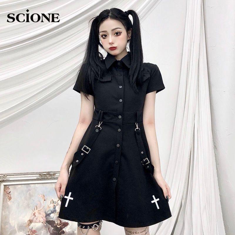 Women Black Y2k Dress French Cross Embroidery Punk Dark Dress JK Uniform College Style Gothic Street Skirt