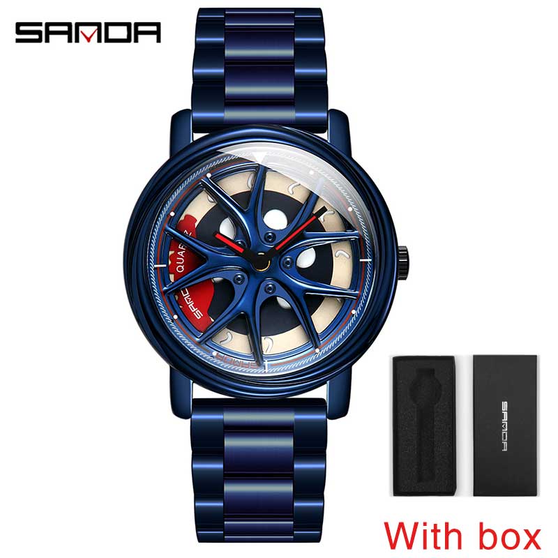 SANDA Top Men Quartz Watches Sports Car Watch Waterproof Sport 360℃ Rotating Rim Hub Wheel Wristwatch Car Quartz Men's Watches