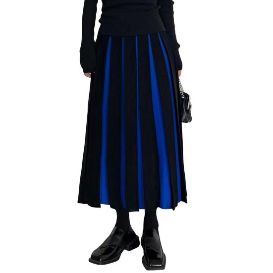 Женская миди-юбка с высокой талией, лоскутная цветная плиссированная юбка, осенняя вязаная юбка, универсальная, удобная для повседневной носки