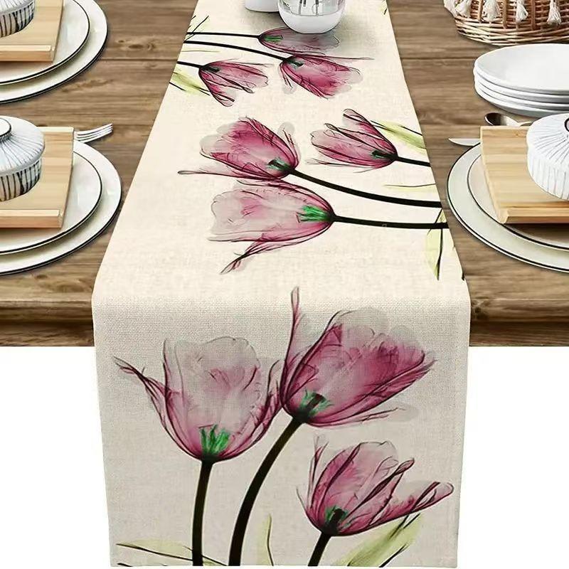 1PCS Spring Flowers, Tulips, Tablecloths, Tablecloths, Home Fabric Dining Tables, Living Room Counters, Linen Table Flags