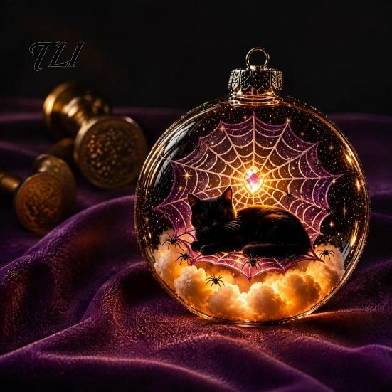 Halloween Ball Ornament Clear Hanging Decoration, Glowing Sphere with Skeleton, Ornaments Pumpkin, Spider Web, Black Cat Decor, Party Supplies Lighted