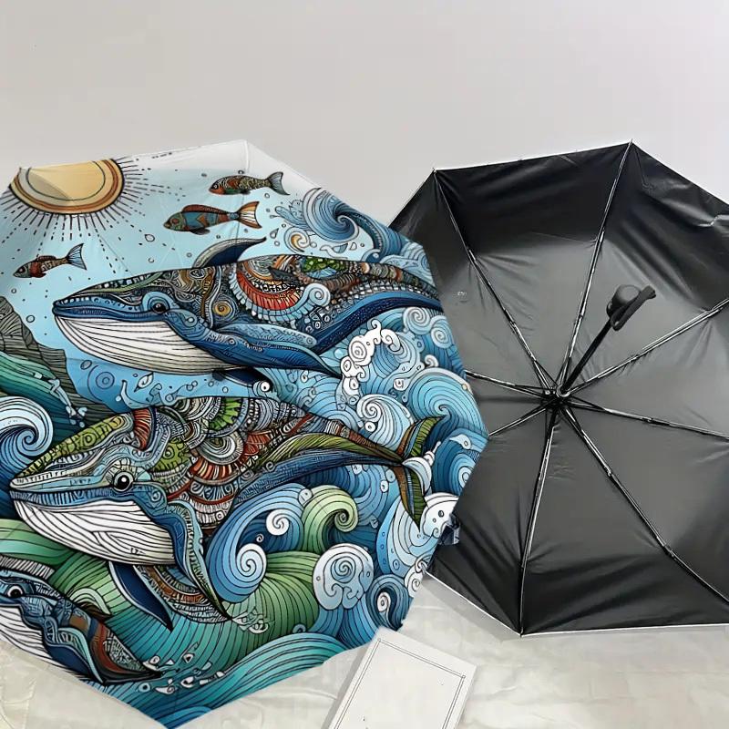 1PC Whale Ocean Automatic Open/Close Umbrella with Windproof, 8-Rib Sturdy Canopy, Durable Ribs, Fashionable Design, Outdoor Accessory, Fun Prin, Holi