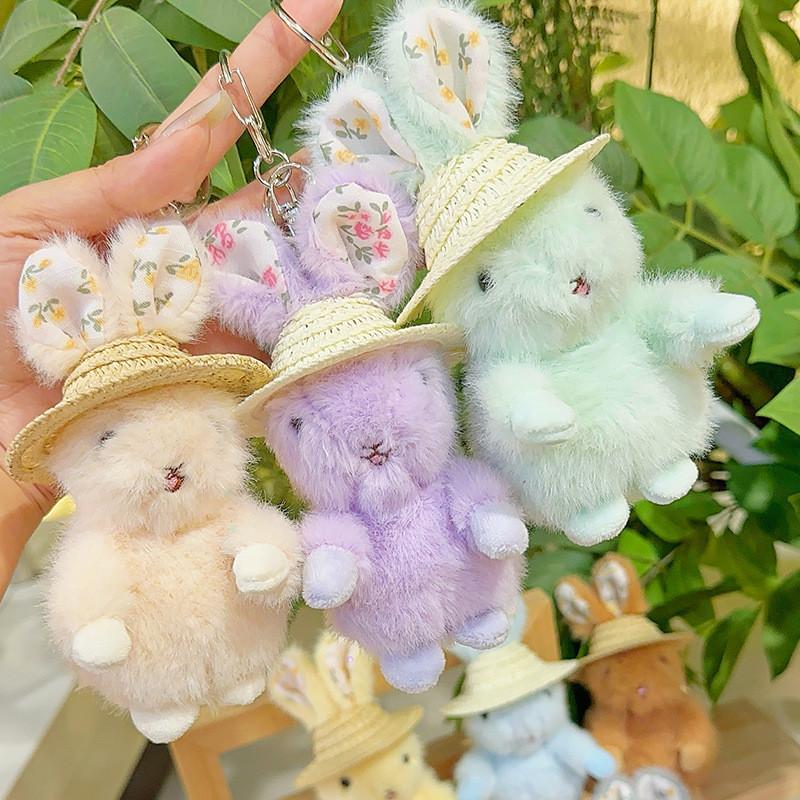 Jinnew Floral Pattern Plush Keychain With Bunny And Hat For Cute Gift Decor