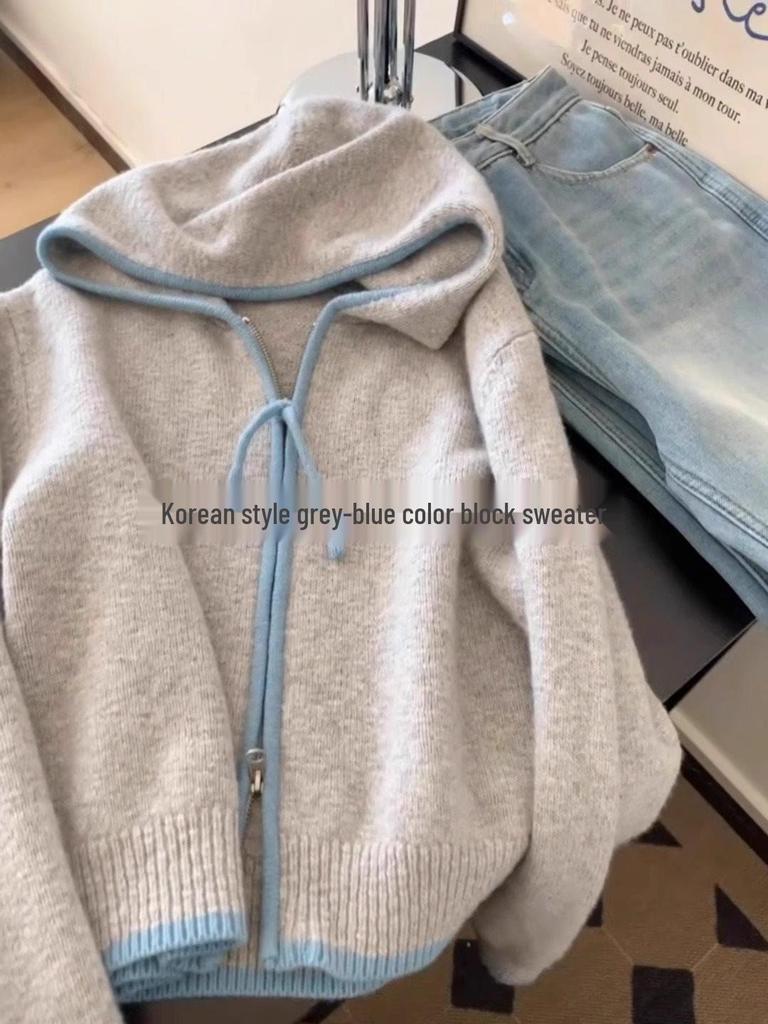 Женский вязаный кардиган с капюшоном - 2025 Осень/Зима Colorblock на молнии Повседневный свитер