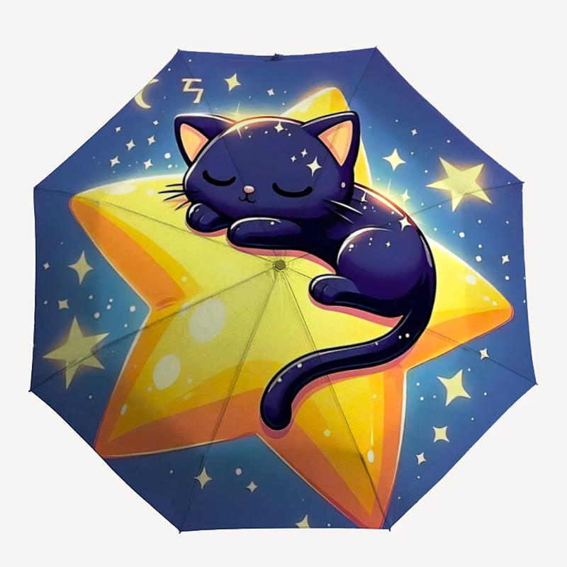 1pc Starry Night Black Cat Star Shaped Automatic Opening/Closing Umbrella with Foldable Design, Outdoor for Fans, Travelers, Everyday Use, Festiv