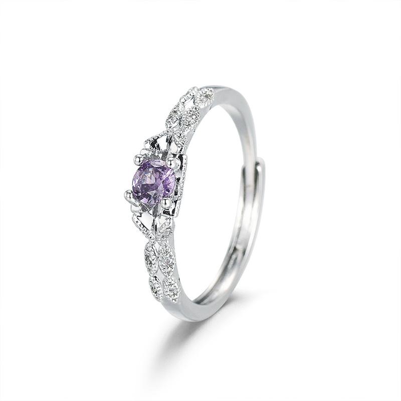 Silver Color Light Luxury Style Amethyst Dazzling Zircon Ring for Women's Girls Simple Fashion Adjustable Ring Jewelry Gifts
