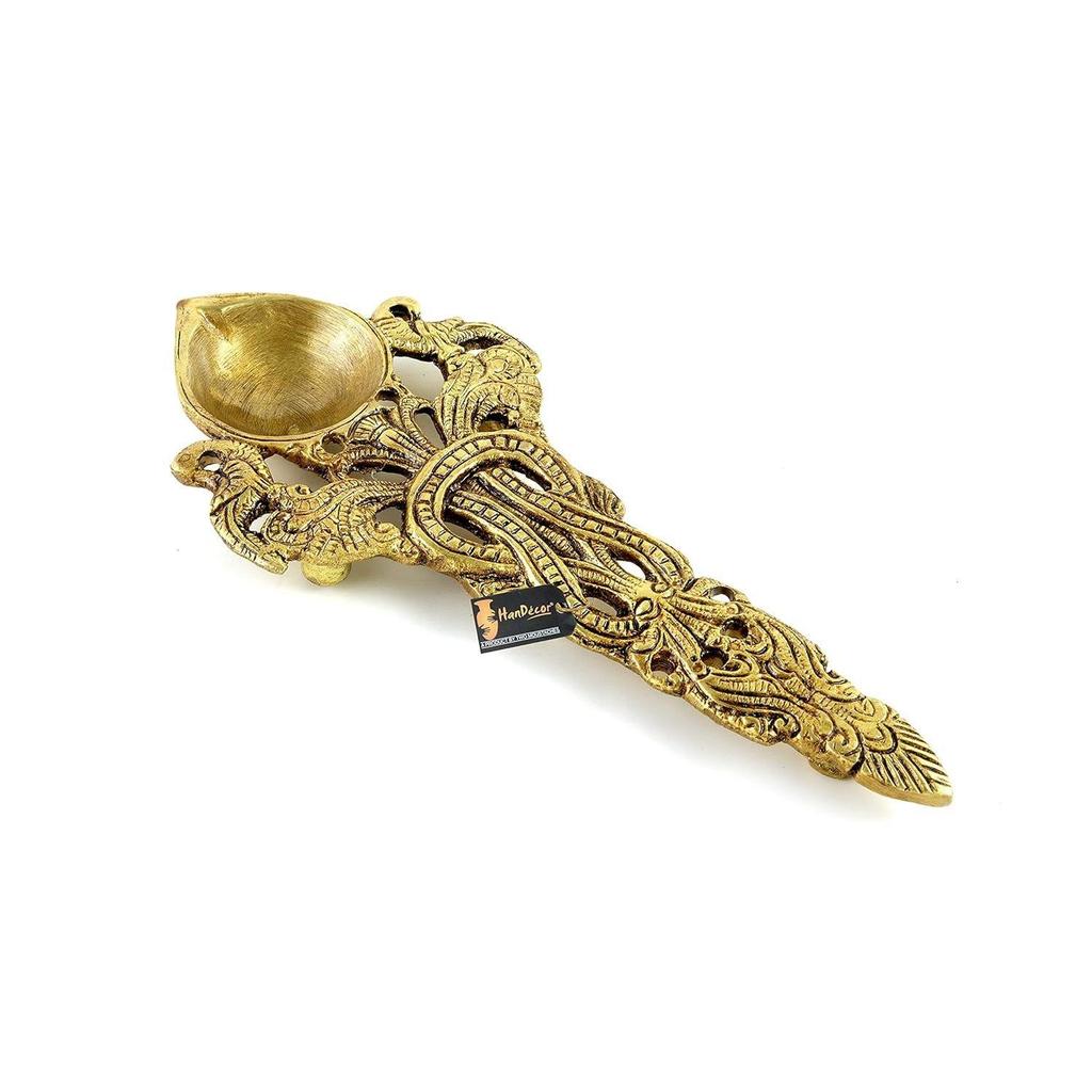 Twin Peacock Design Round Brass Pooja Aarti Spoon, Hawan Spoon for Pouring Ghee In Hawan Kund, Antique Yellow NEW