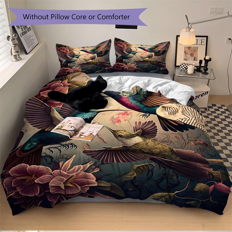 3pcs Whirling Hummingbirds Bedding Set, Including 1 Quilt Cover and 2 Pillow Shams, Without Filling, Soft and Comfortable Home Bedroom Fabric, Fa