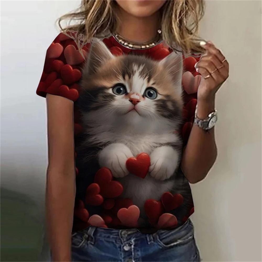 Модная женская футболка с 3D принтом Kawaii Cat Pattern, топ с короткими рукавами и круглым вырезом, летняя уличная повседневная уличная простая одежда