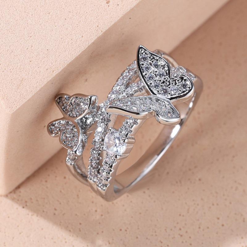 Eryun White K All White Diamond Butterfly Cross Ring Sweet Jewelry